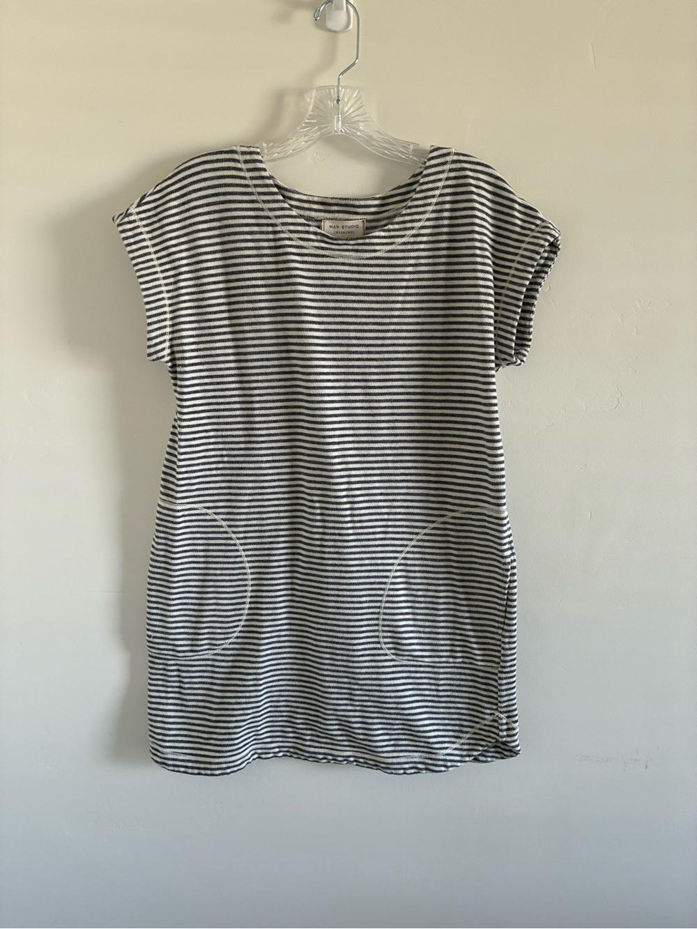 Max Studio Striped Pocket T-Shirt Dress -beach cover up Black & White size m